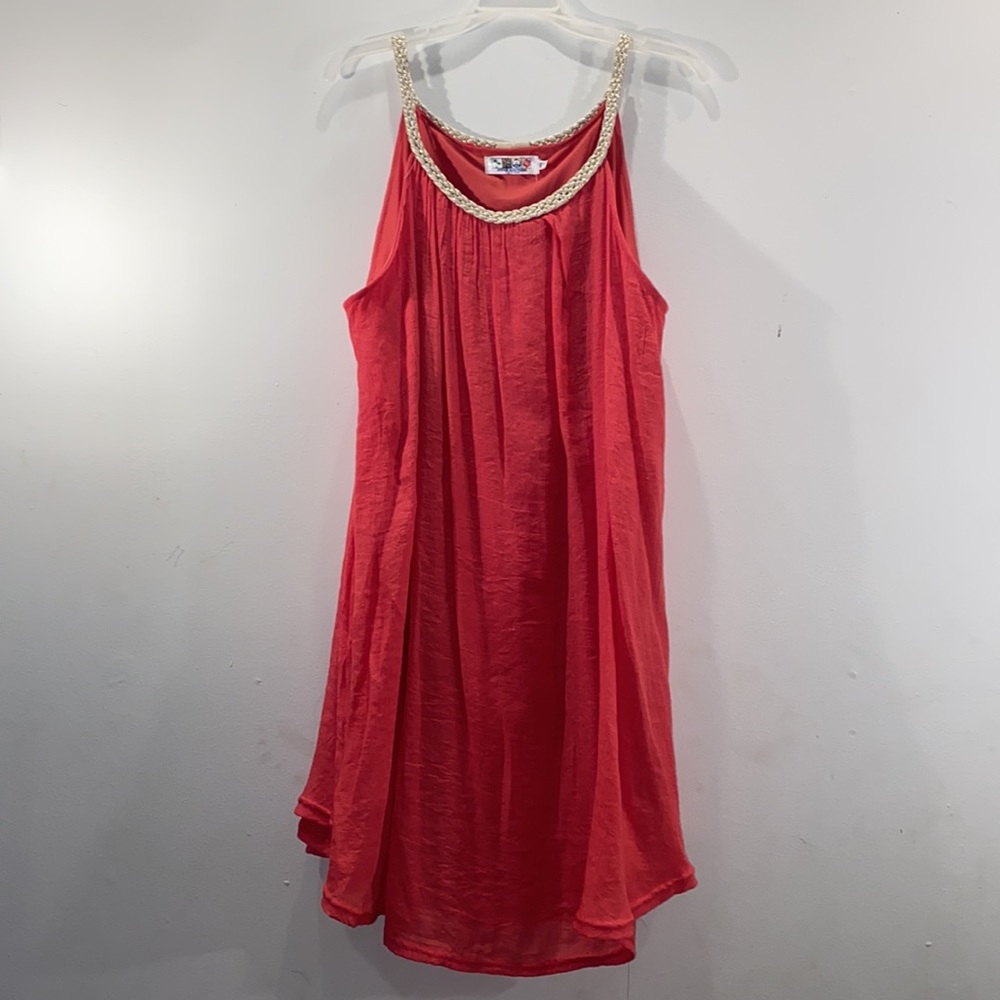 Deep coral sundress fully lined with gold rope shoulder straps.